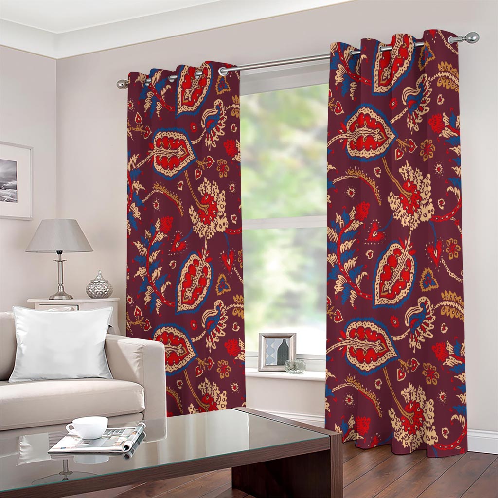Maroon Vintage Bohemian Floral Print Extra Wide Grommet Curtains