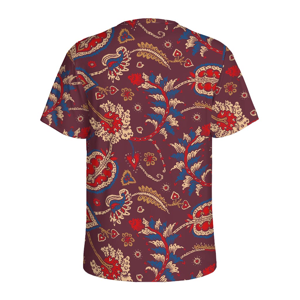 Maroon Vintage Bohemian Floral Print Men's Sports T-Shirt