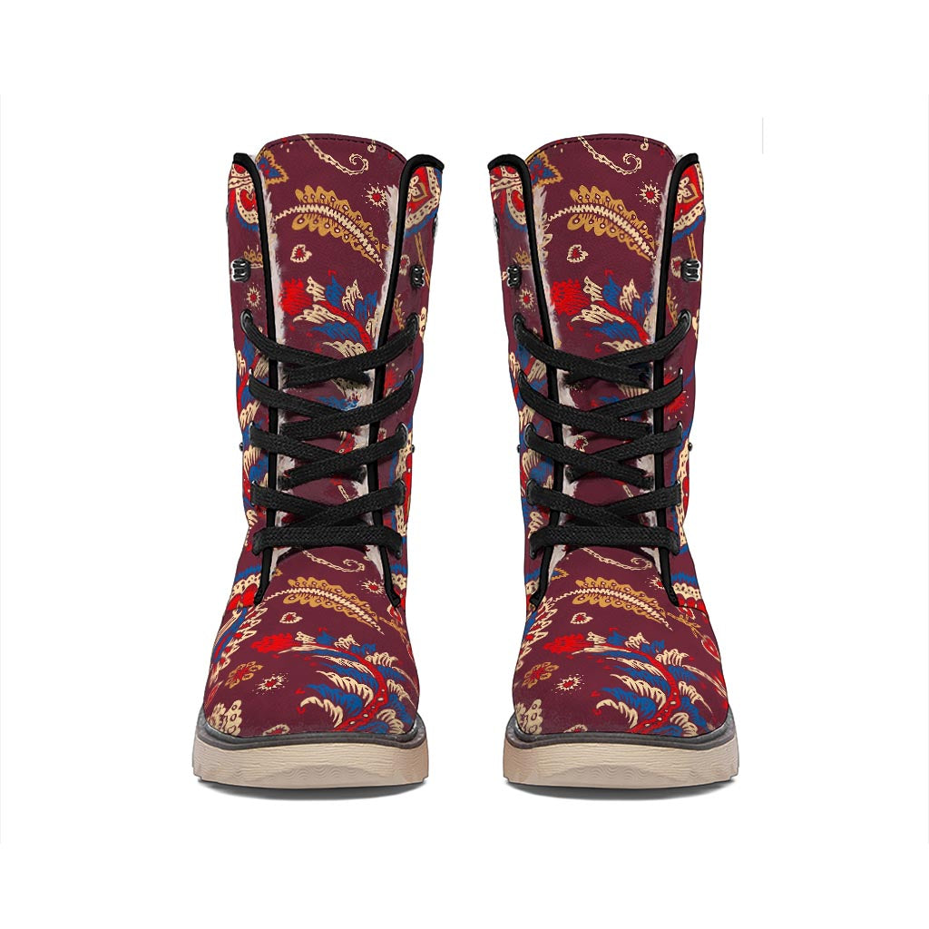 Maroon Vintage Bohemian Floral Print Winter Boots