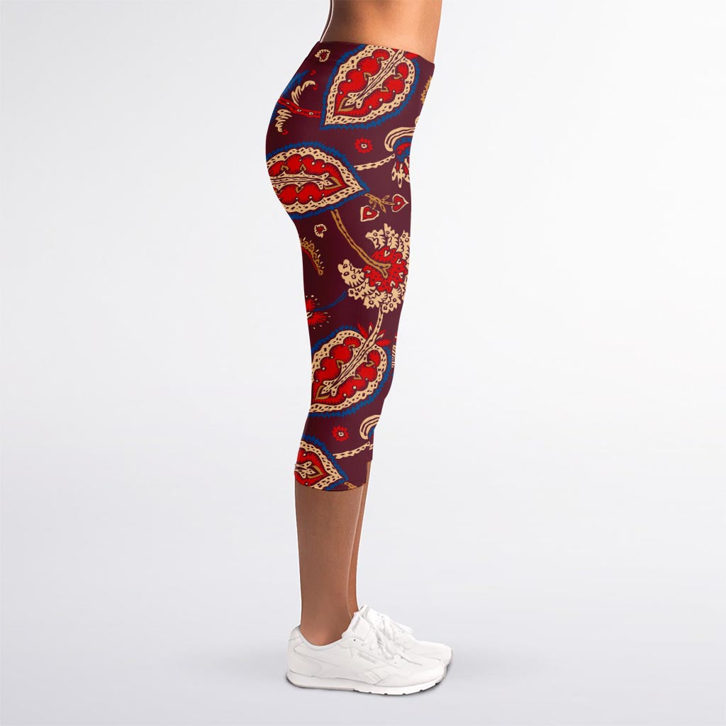 Maroon Vintage Bohemian Floral Print Women's Capri Leggings