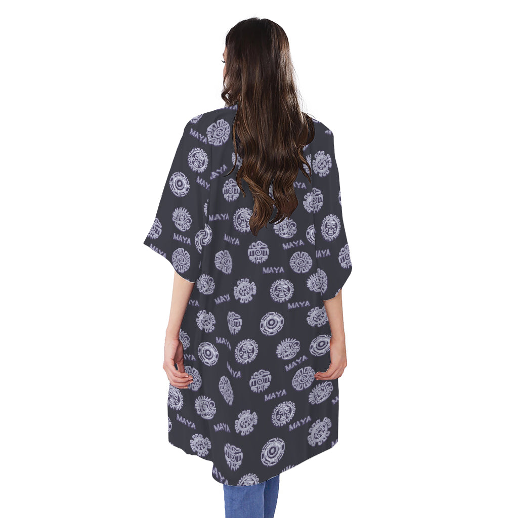 Maya Symbol Pattern Print Open Front Beach Cover Up