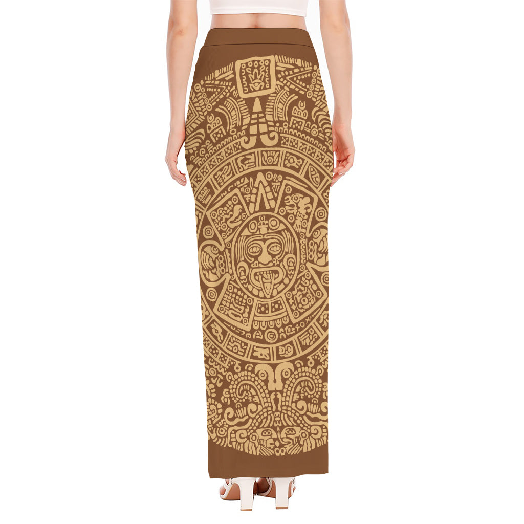 Mayan Calendar Print High Slit Maxi Skirt