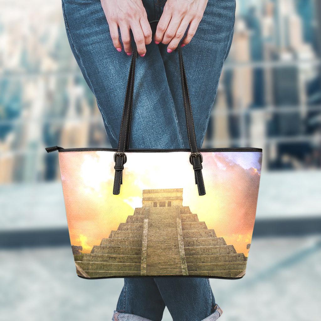 Mayan Civilization Print Leather Tote Bag