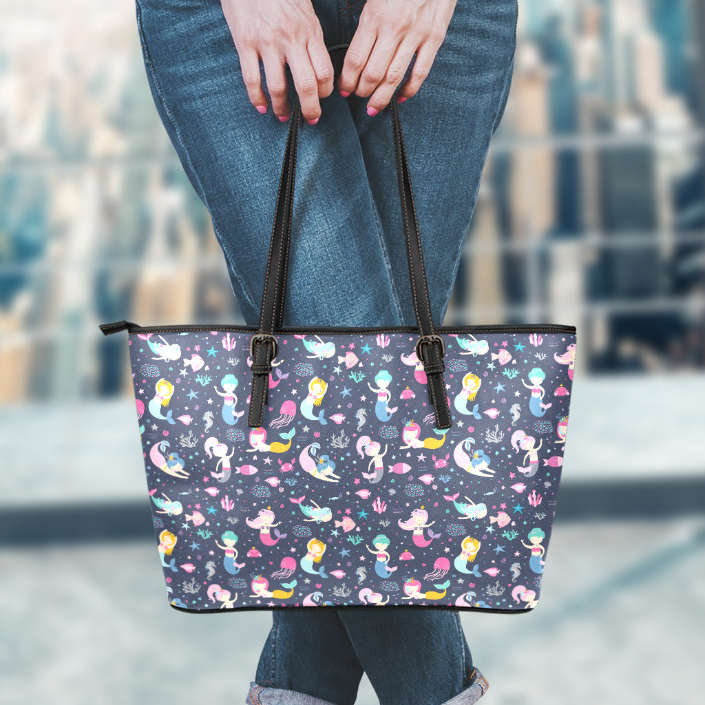 Mermaid Cartoon Pattern Print Leather Tote Bag