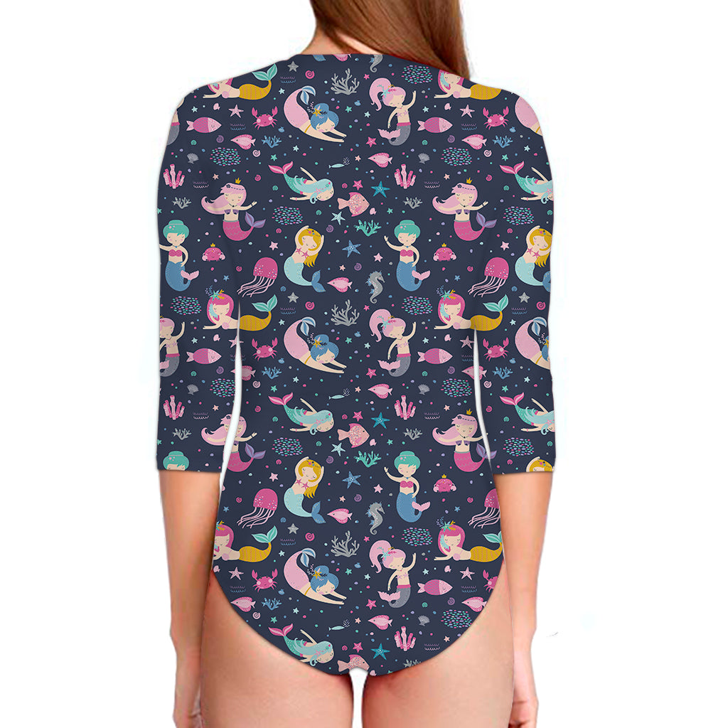 Mermaid Cartoon Pattern Print Long Sleeve Swimsuit