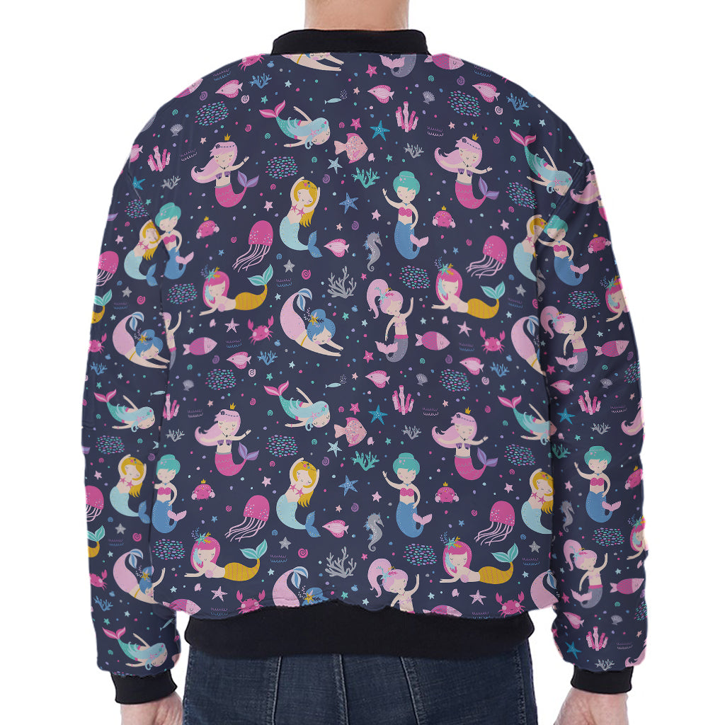 Mermaid Cartoon Pattern Print Zip Sleeve Bomber Jacket