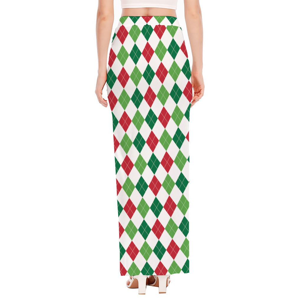 Merry Christmas Argyle Pattern Print High Slit Maxi Skirt