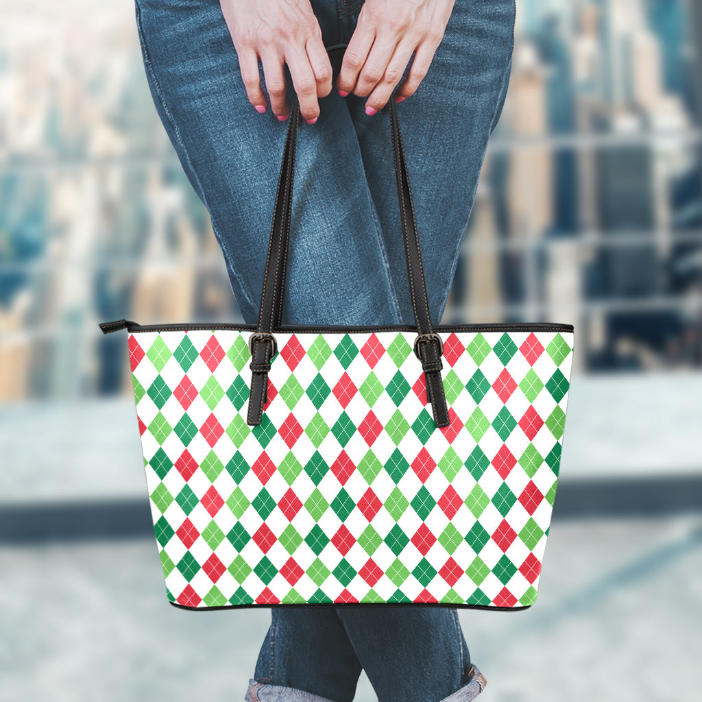 Merry Christmas Argyle Pattern Print Leather Tote Bag