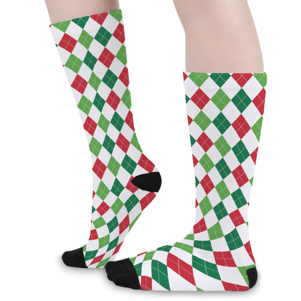 Merry Christmas Argyle Pattern Print Long Socks