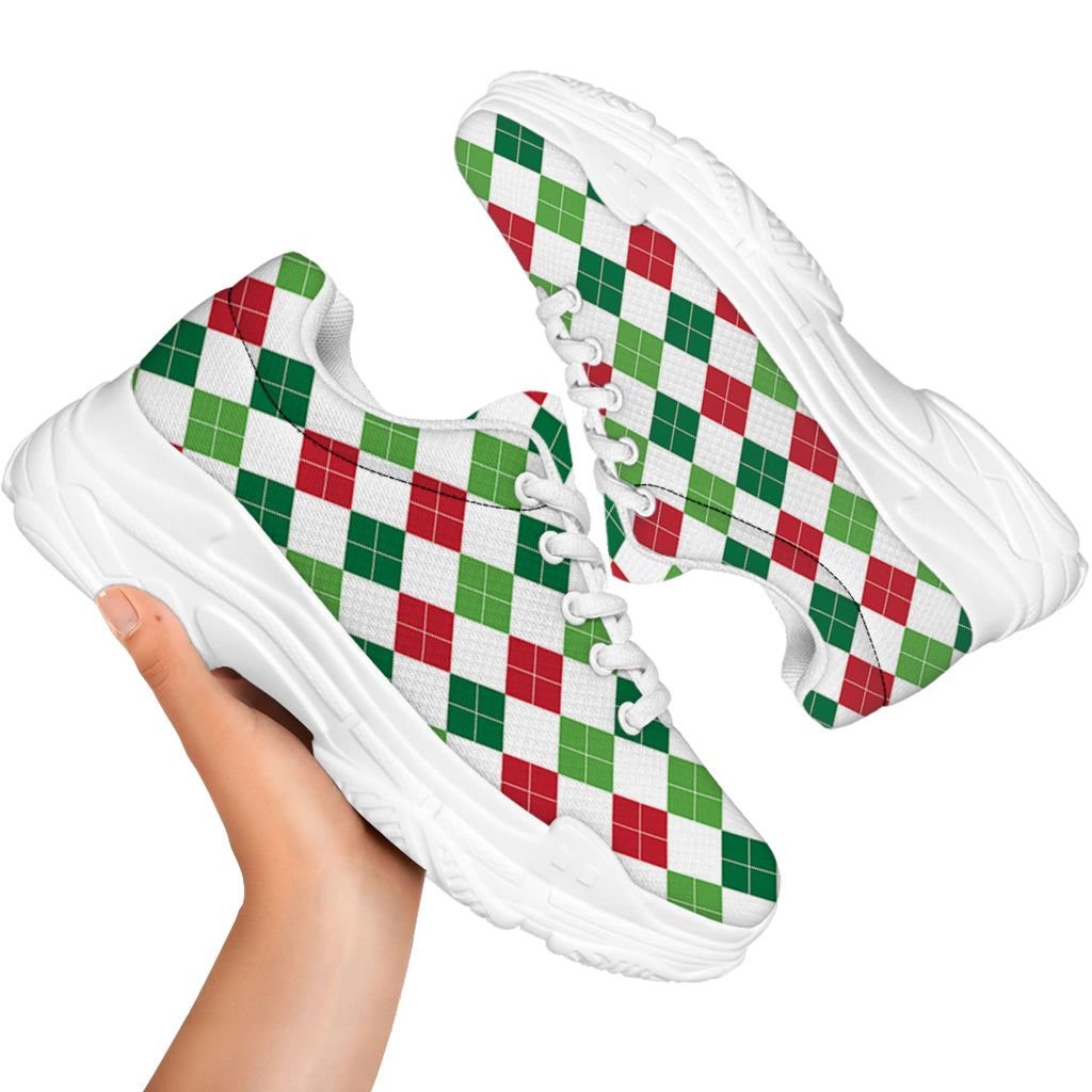 Merry Christmas Argyle Pattern Print White Chunky Shoes