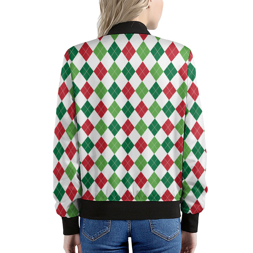 Merry Christmas Argyle Pattern Print Women's Bomber Jacket