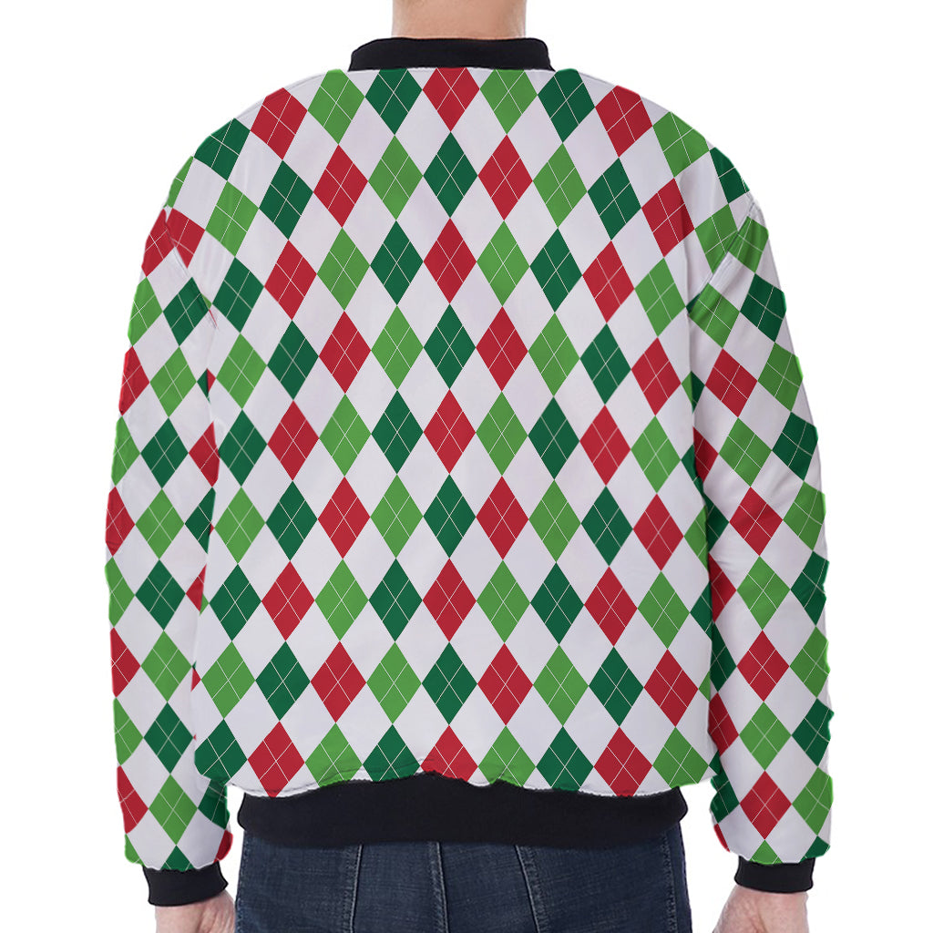 Merry Christmas Argyle Pattern Print Zip Sleeve Bomber Jacket