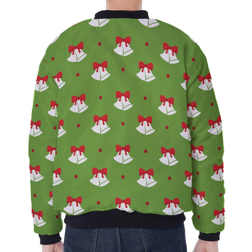 Merry Christmas Bells Pattern Print Zip Sleeve Bomber Jacket