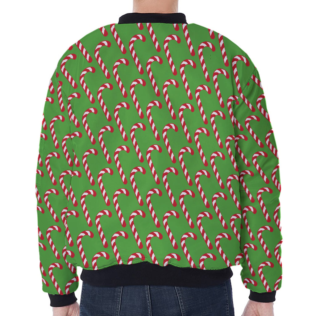 Merry Christmas Candy Cane Pattern Print Zip Sleeve Bomber Jacket