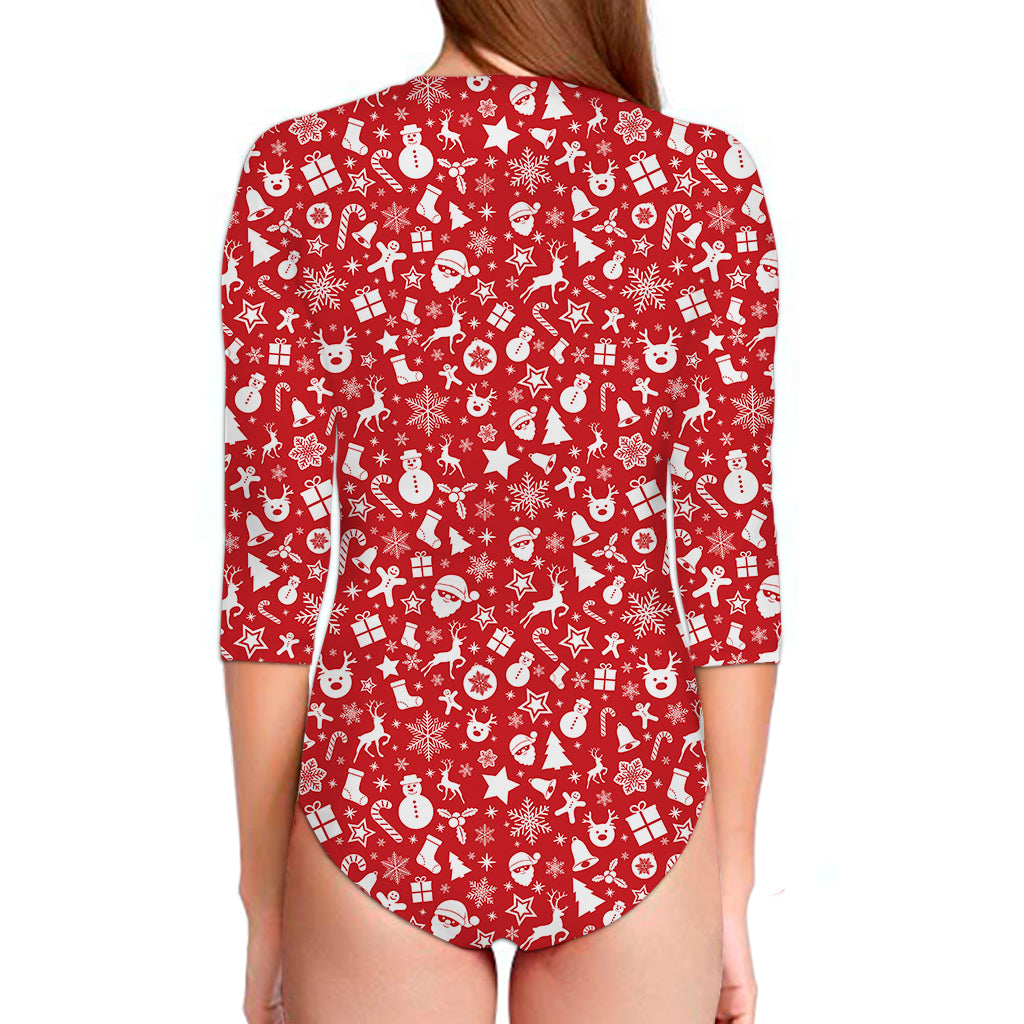 Merry Christmas Elements Pattern Print Long Sleeve Swimsuit