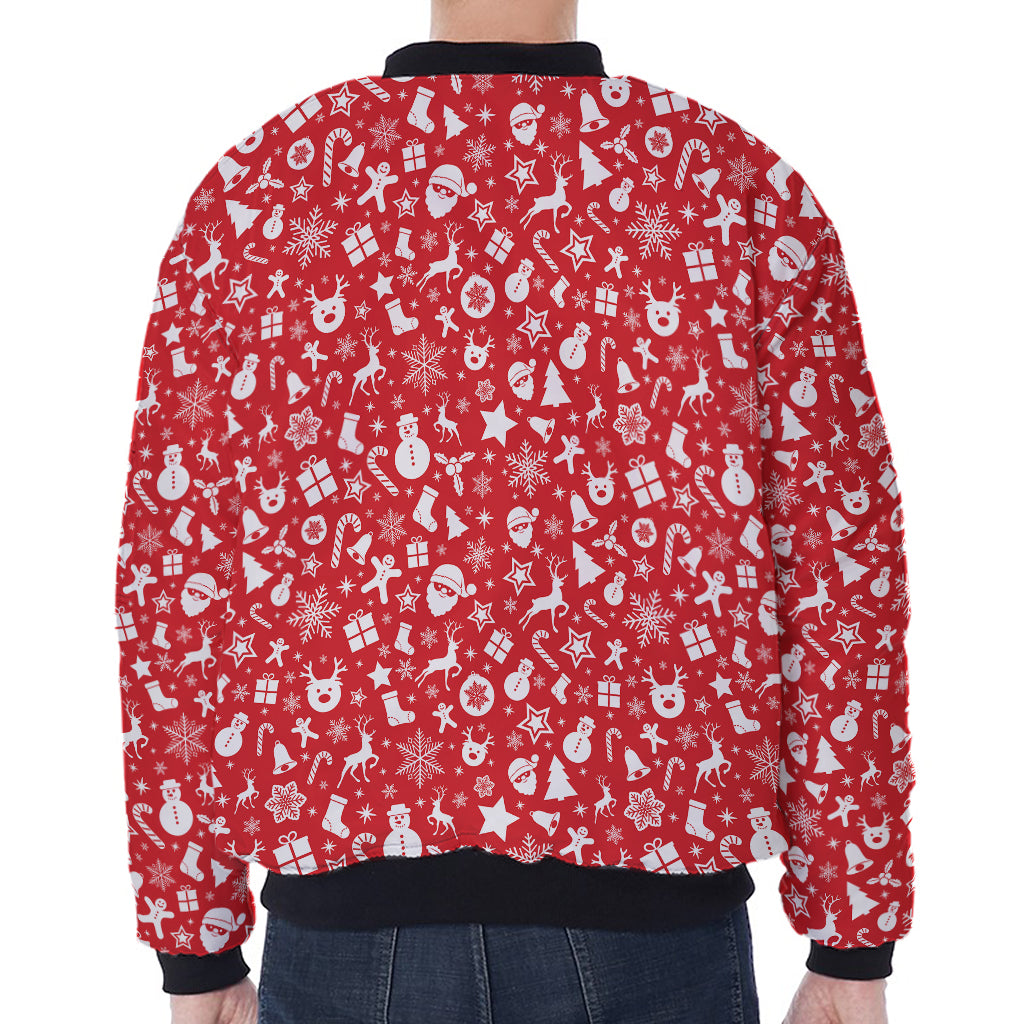 Merry Christmas Elements Pattern Print Zip Sleeve Bomber Jacket