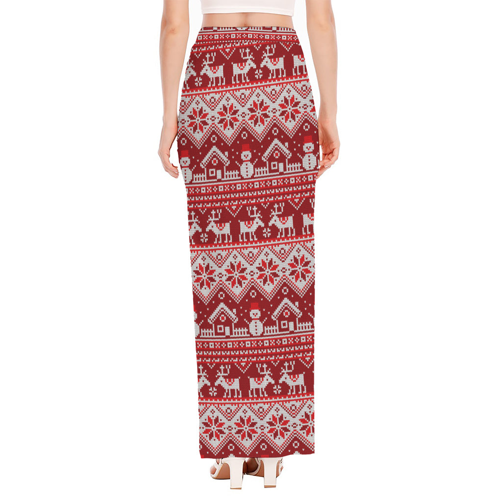 Merry Christmas Knitted Pattern Print High Slit Maxi Skirt