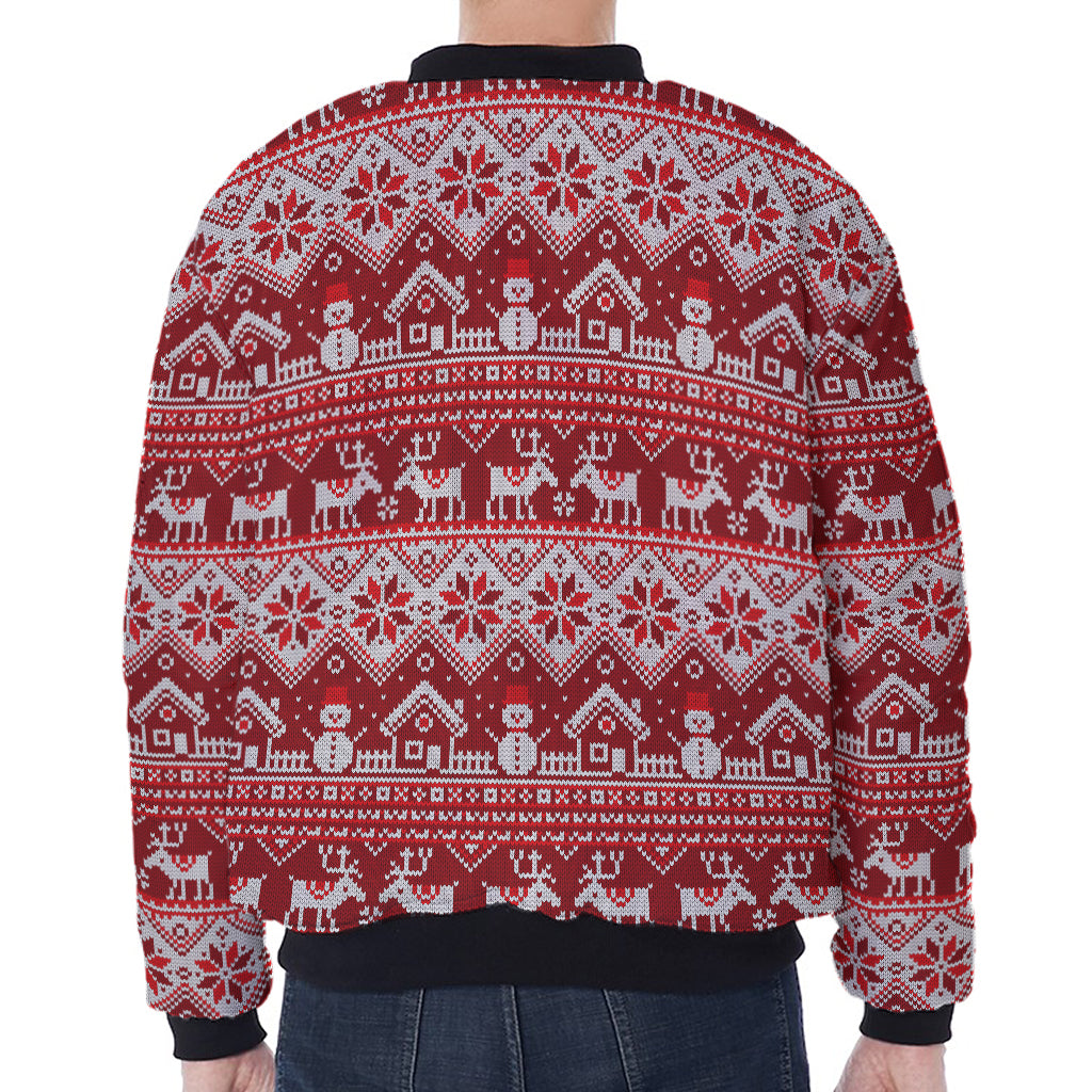 Merry Christmas Knitted Pattern Print Zip Sleeve Bomber Jacket