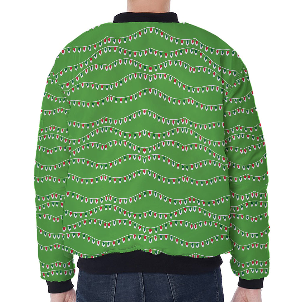 Merry Christmas Lights Pattern Print Zip Sleeve Bomber Jacket