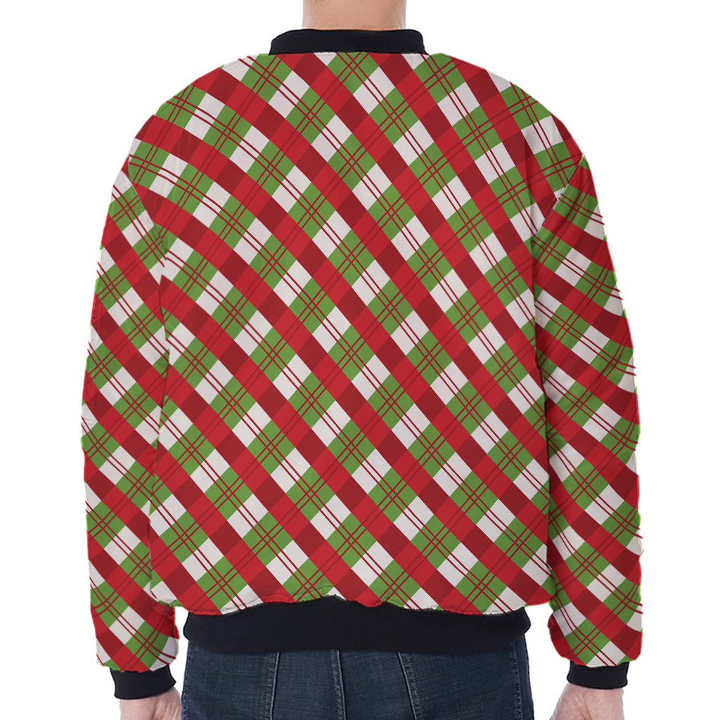 Merry Christmas Plaid Pattern Print Zip Sleeve Bomber Jacket
