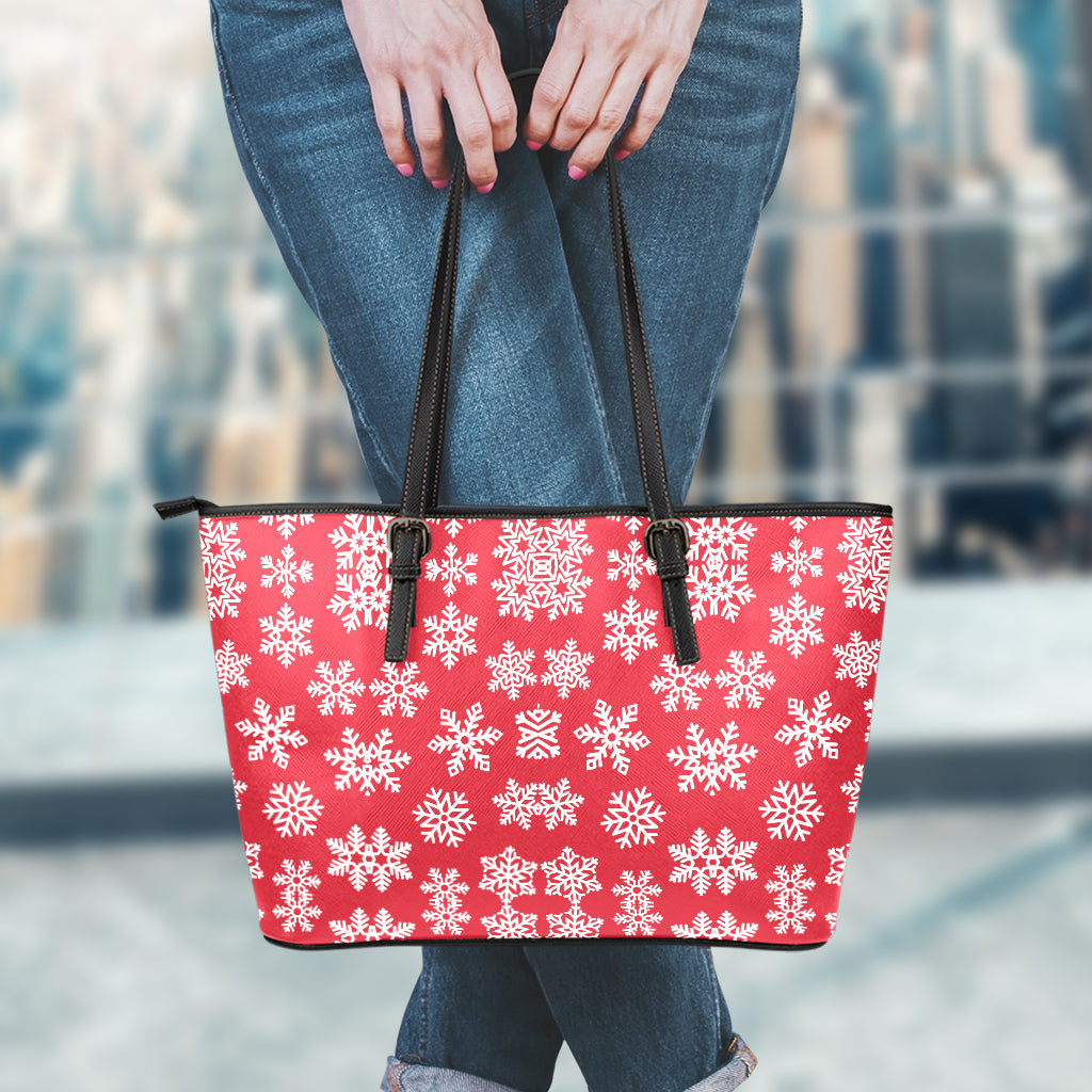 Merry Christmas Snowflakes Pattern Print Leather Tote Bag
