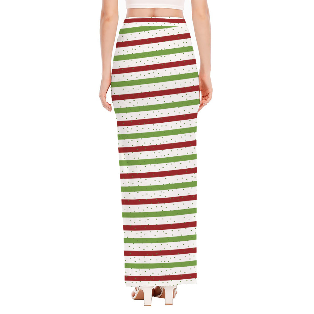Merry Christmas Striped Pattern Print High Slit Maxi Skirt