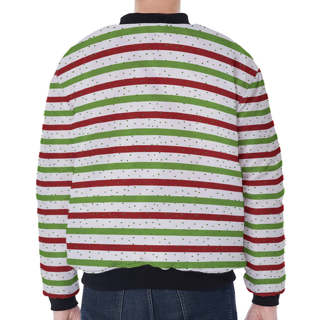 Merry Christmas Striped Pattern Print Zip Sleeve Bomber Jacket