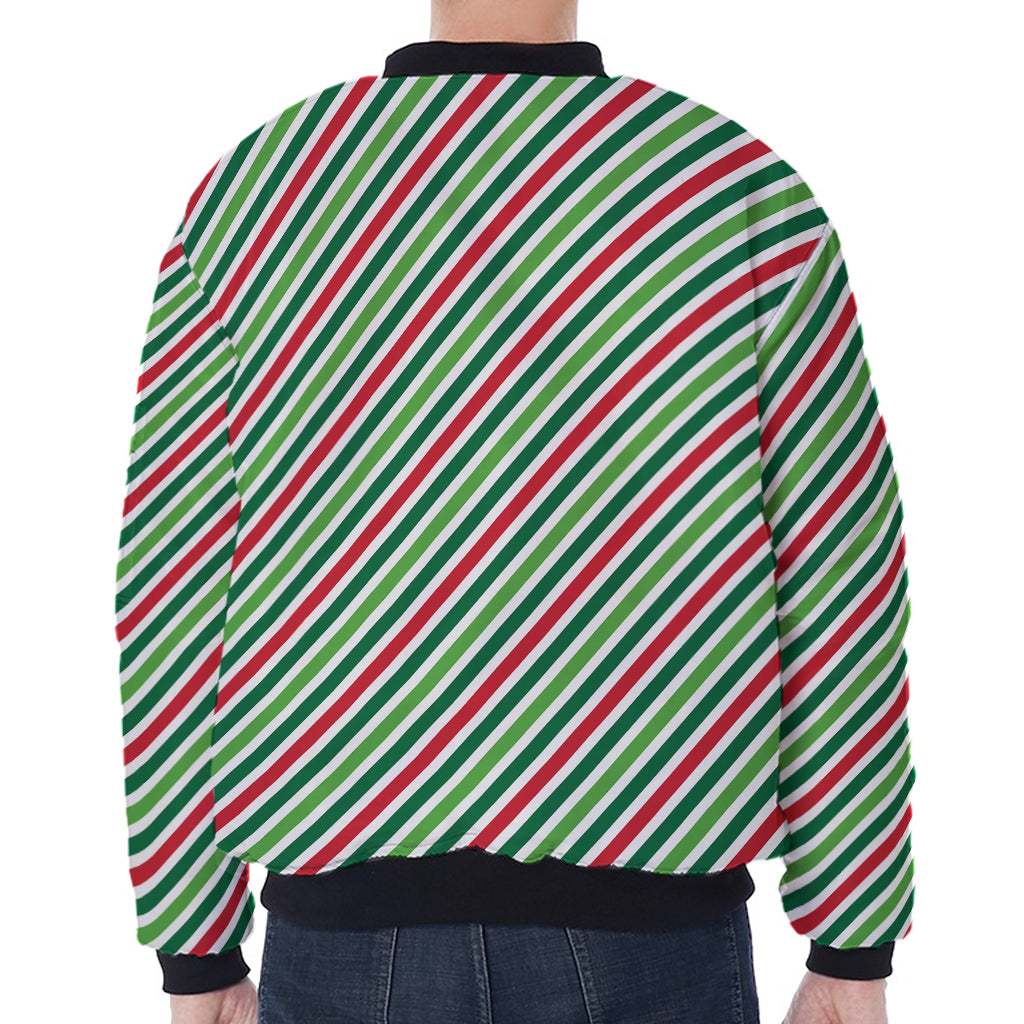 Merry Christmas Stripes Pattern Print Zip Sleeve Bomber Jacket
