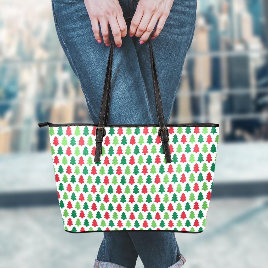 Merry Christmas Tree Pattern Print Leather Tote Bag