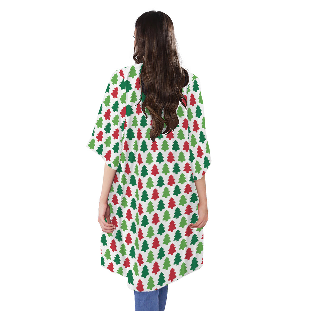 Merry Christmas Tree Pattern Print Open Front Beach Cover Up