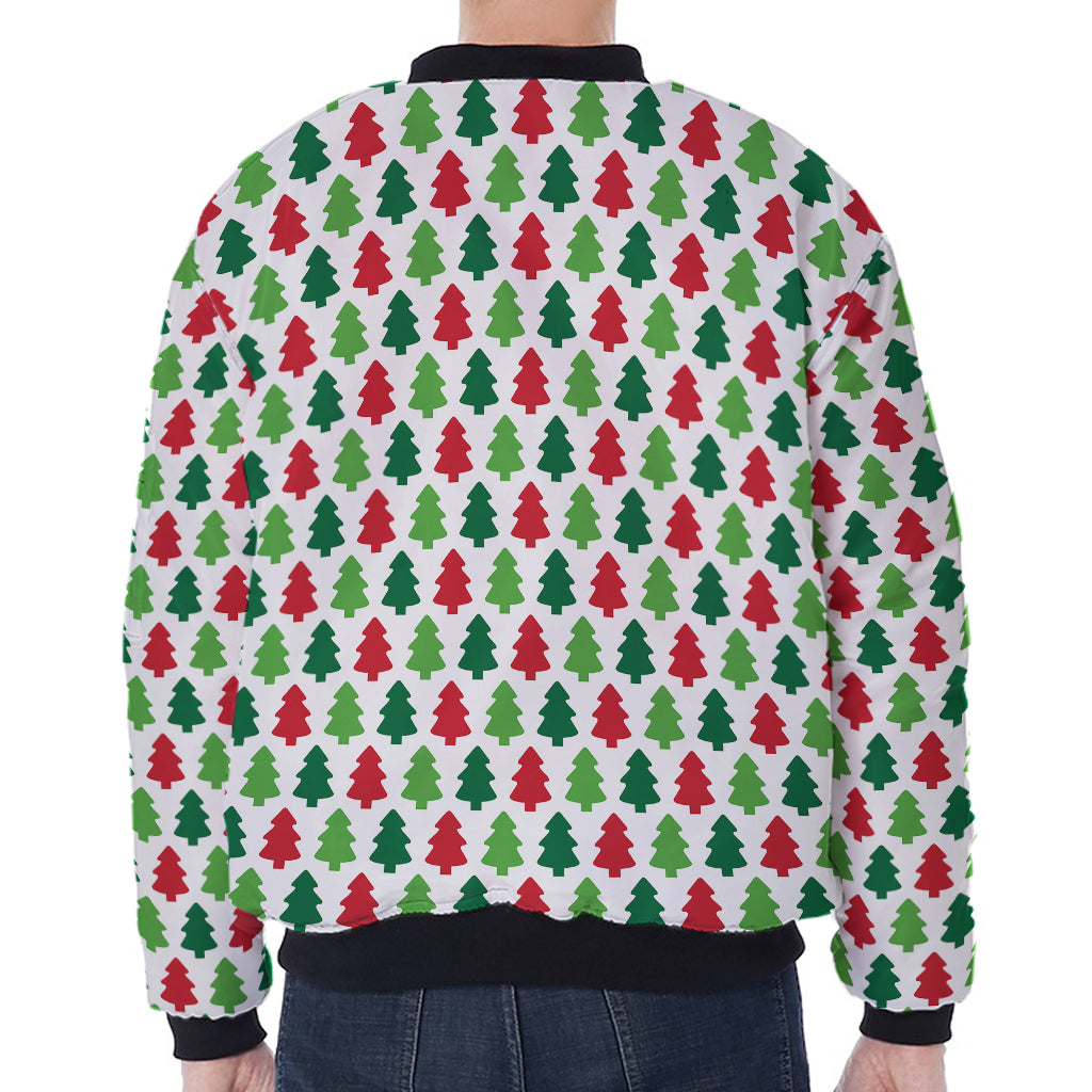 Merry Christmas Tree Pattern Print Zip Sleeve Bomber Jacket