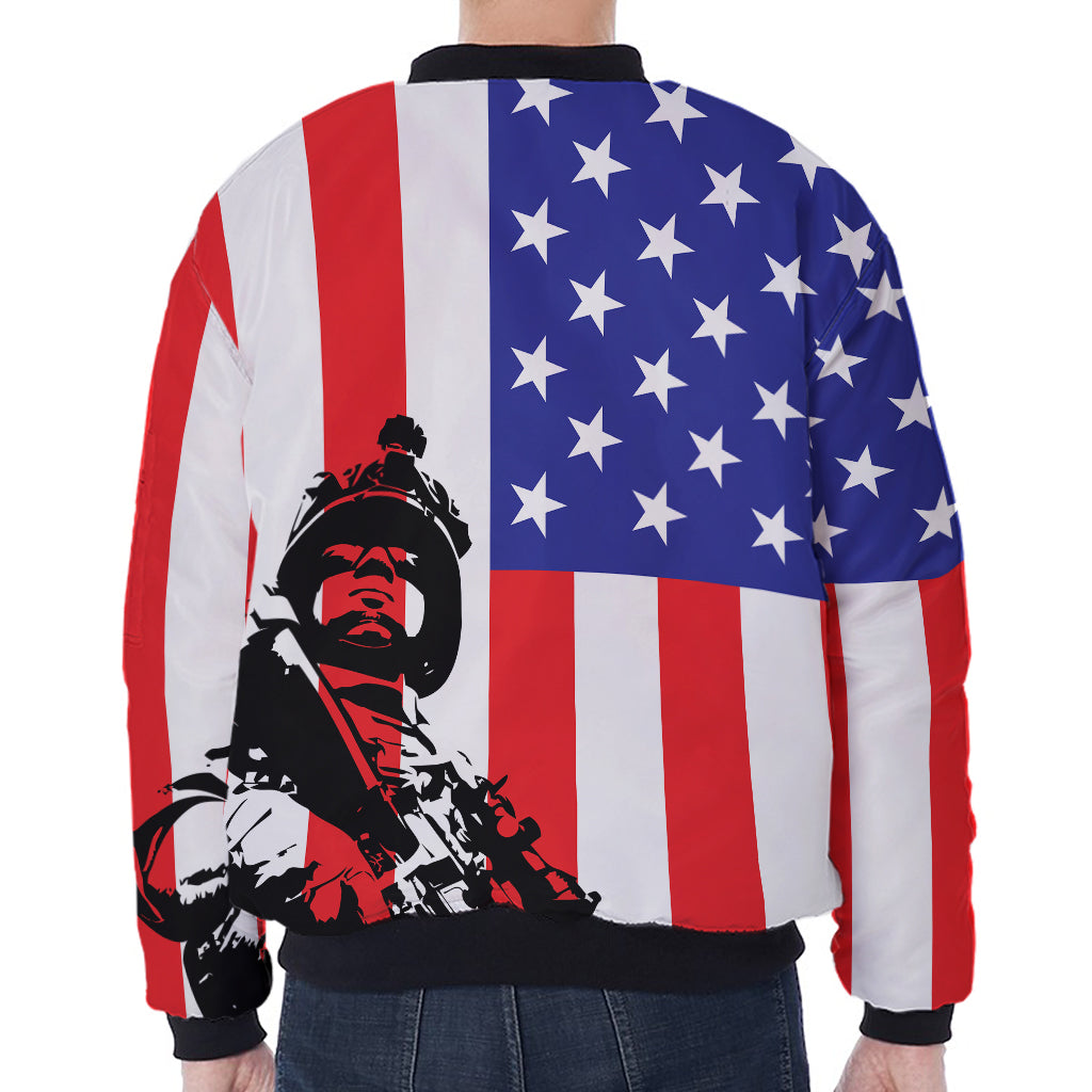 Military American Flag Print Zip Sleeve Bomber Jacket