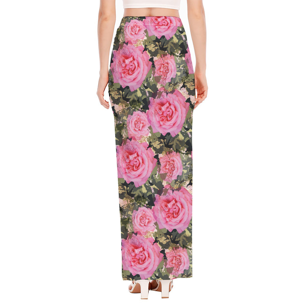 Military Camouflage Flower Pattern Print High Slit Maxi Skirt