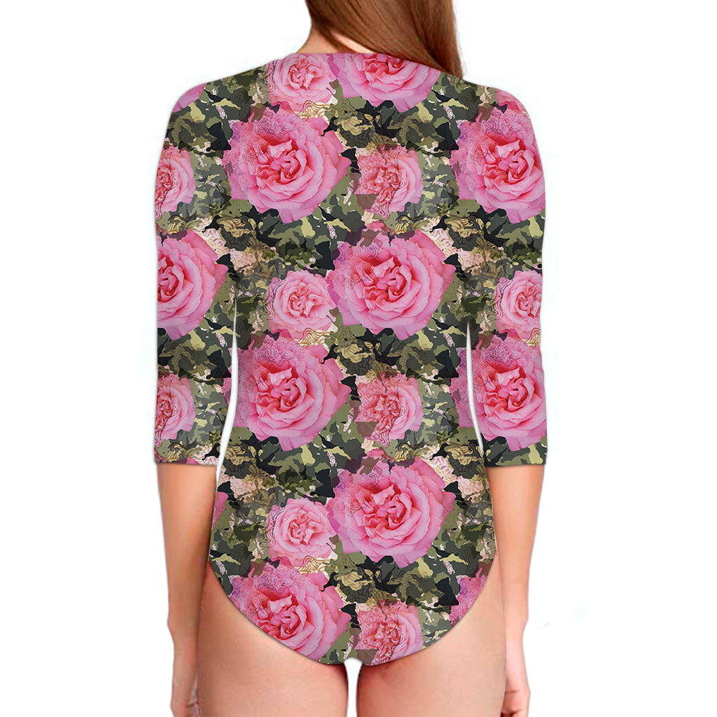 Military Camouflage Flower Pattern Print Long Sleeve Swimsuit