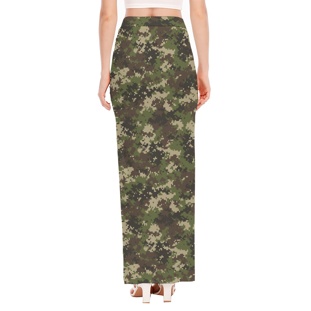 Military Digital Camo Pattern Print High Slit Maxi Skirt