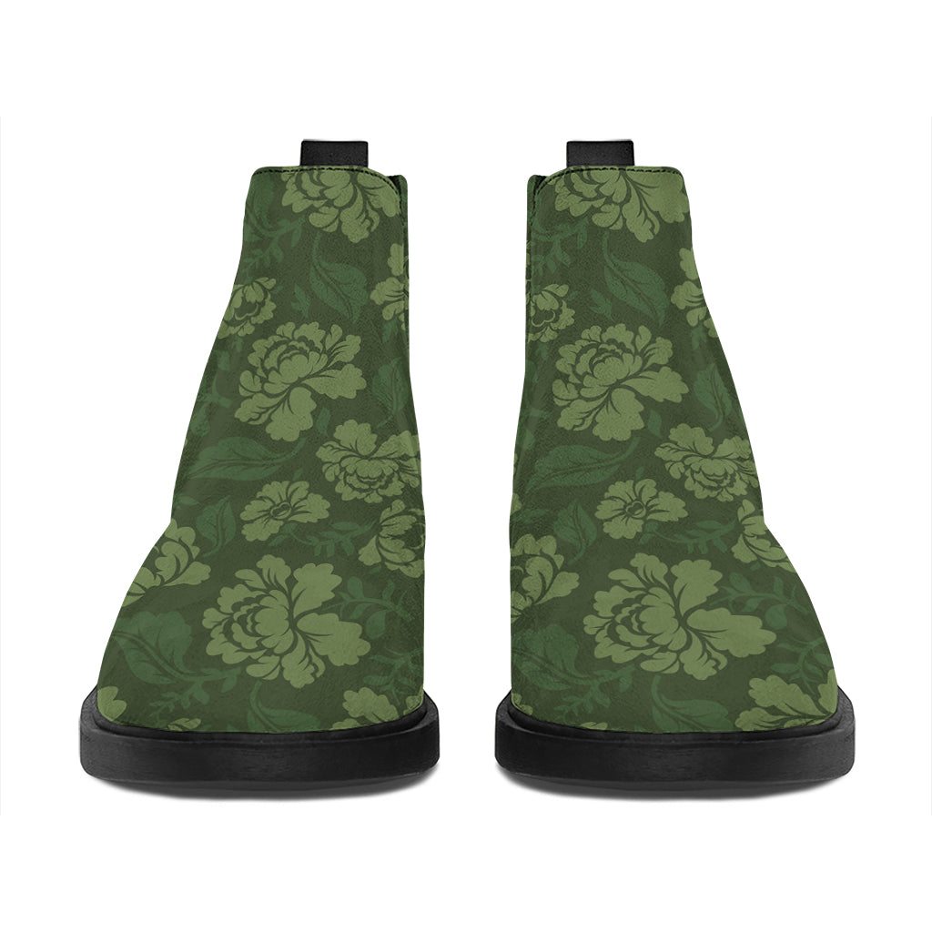 Military Green Camo Flower Pattern Print Flat Ankle Boots
