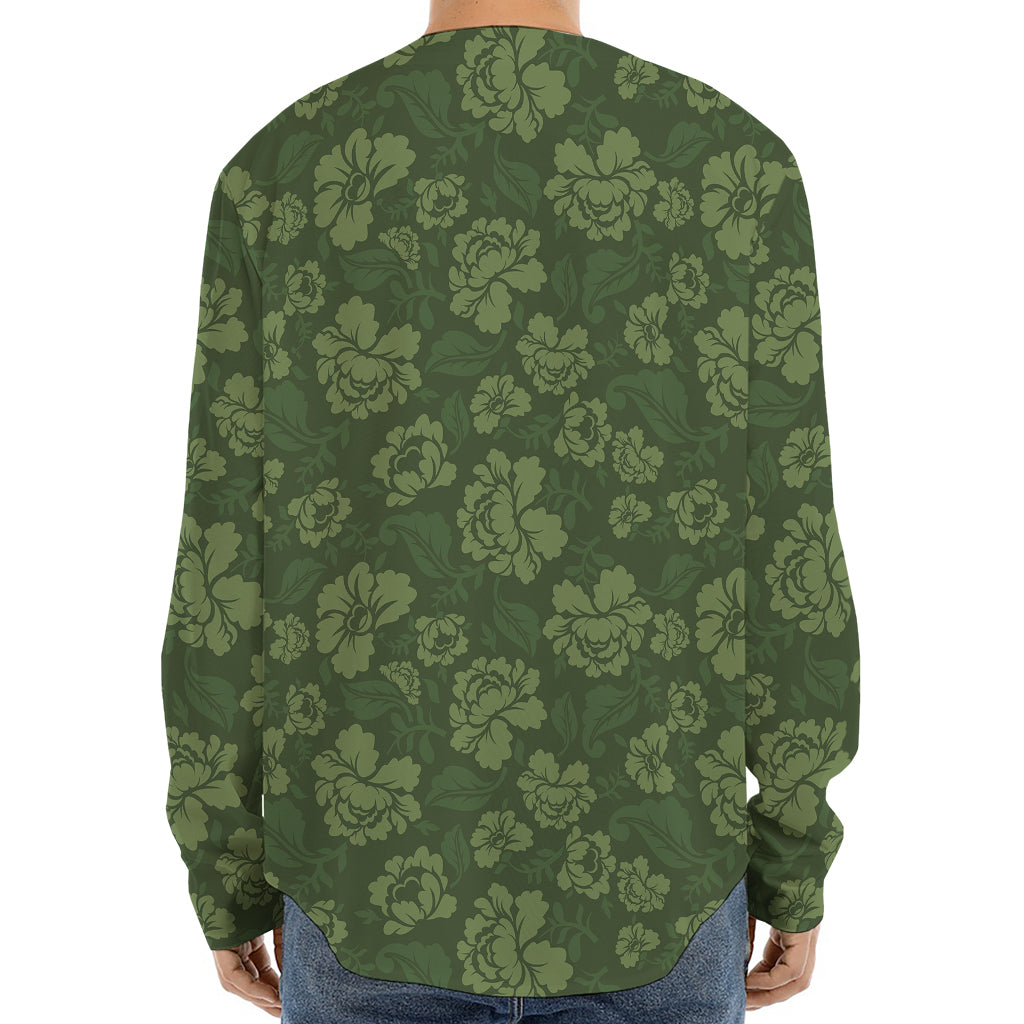 Military Green Camo Flower Pattern Print Long Sleeve Baseball Jersey