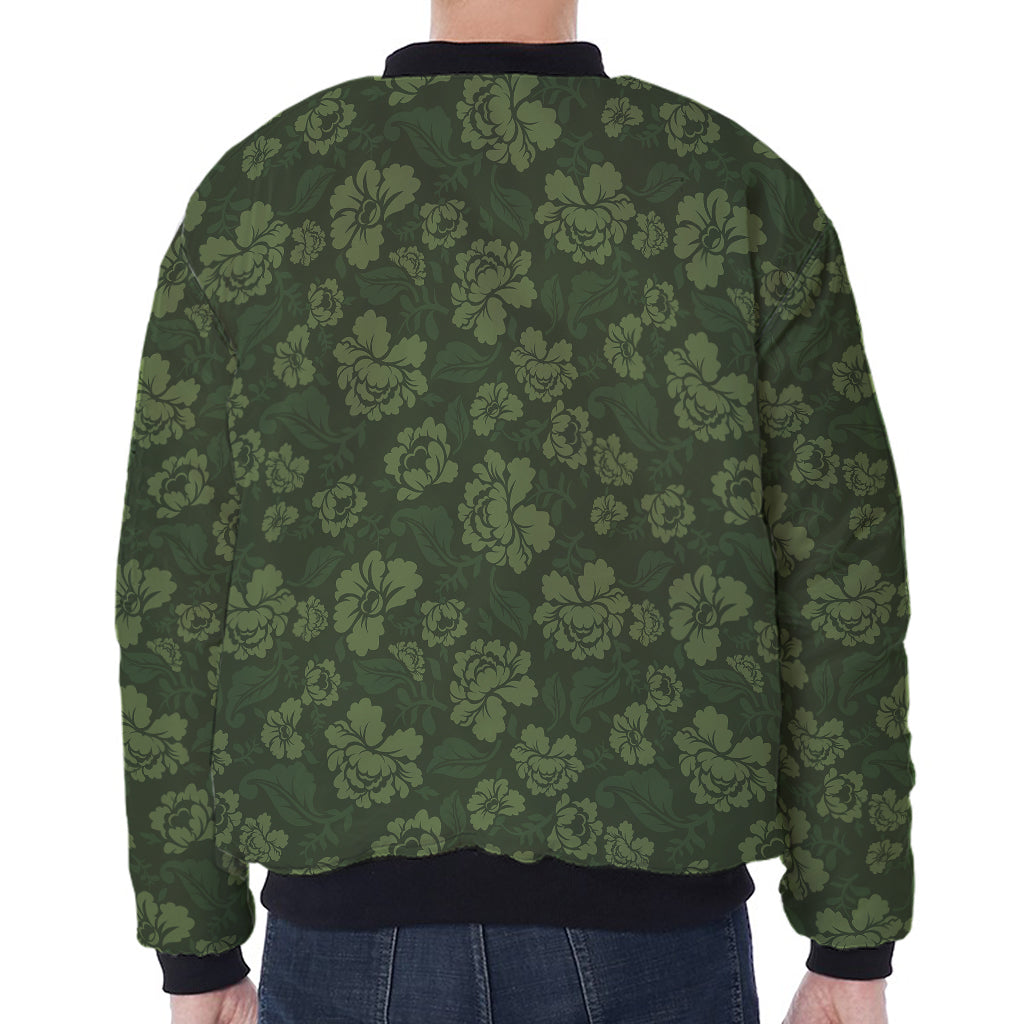 Military Green Camo Flower Pattern Print Zip Sleeve Bomber Jacket