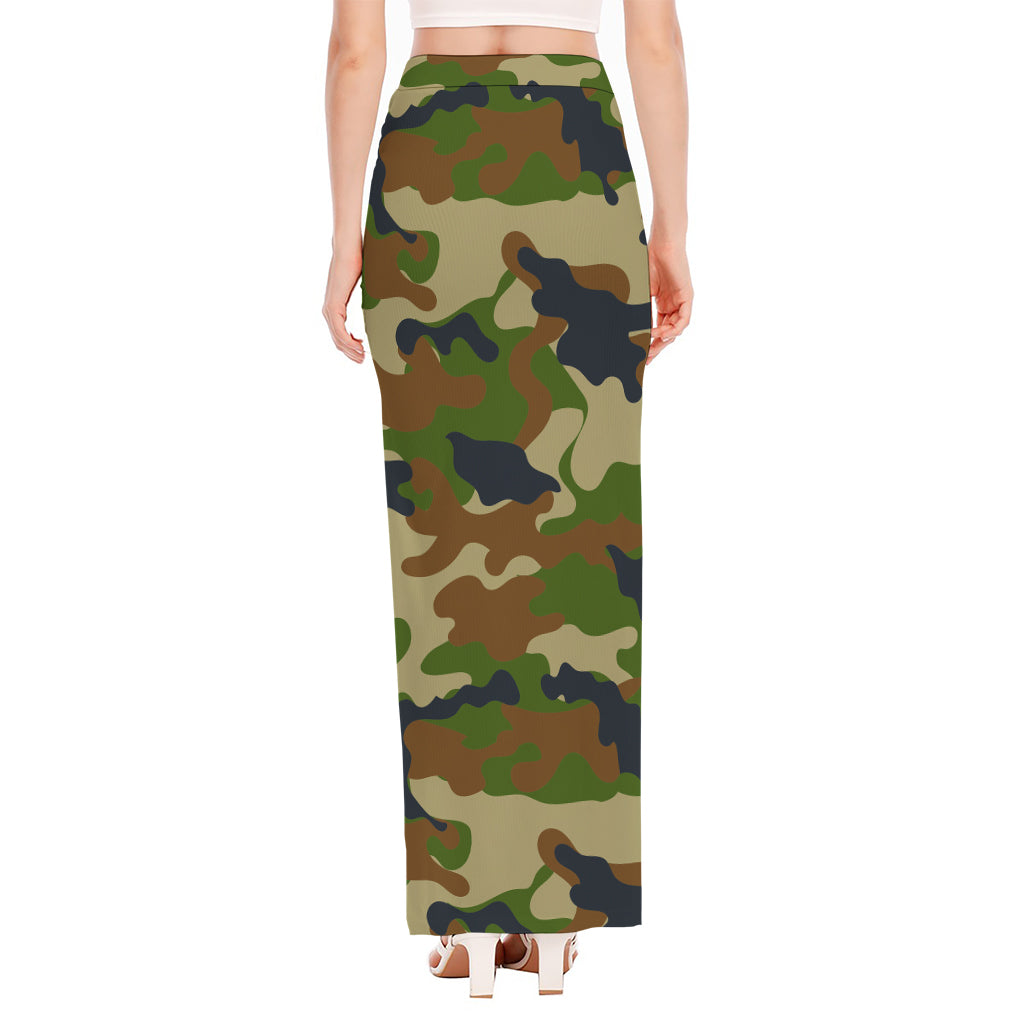 Military Green Camouflage Print High Slit Maxi Skirt