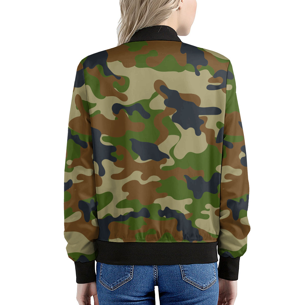 Military Green Camouflage Print Women's Bomber Jacket
