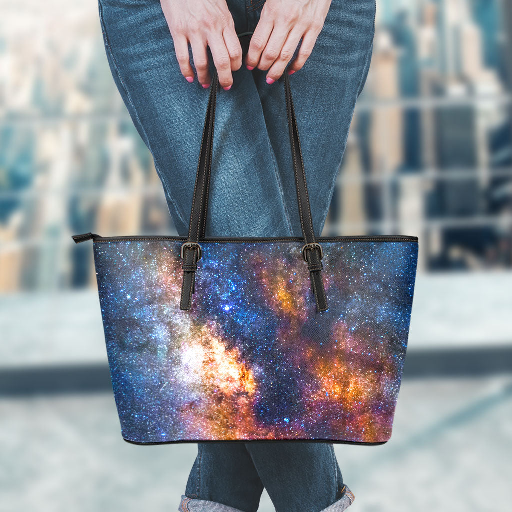 Milky Way Universe Galaxy Space Print Leather Tote Bag