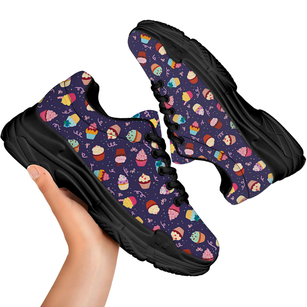 Mini Cupcake Pattern Print Black Chunky Shoes