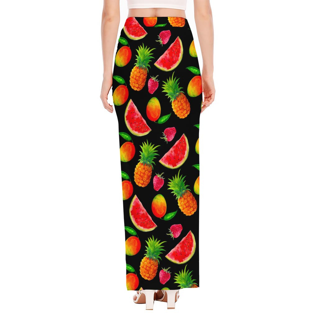 Mix Fruit Pineapple Pattern Print High Slit Maxi Skirt