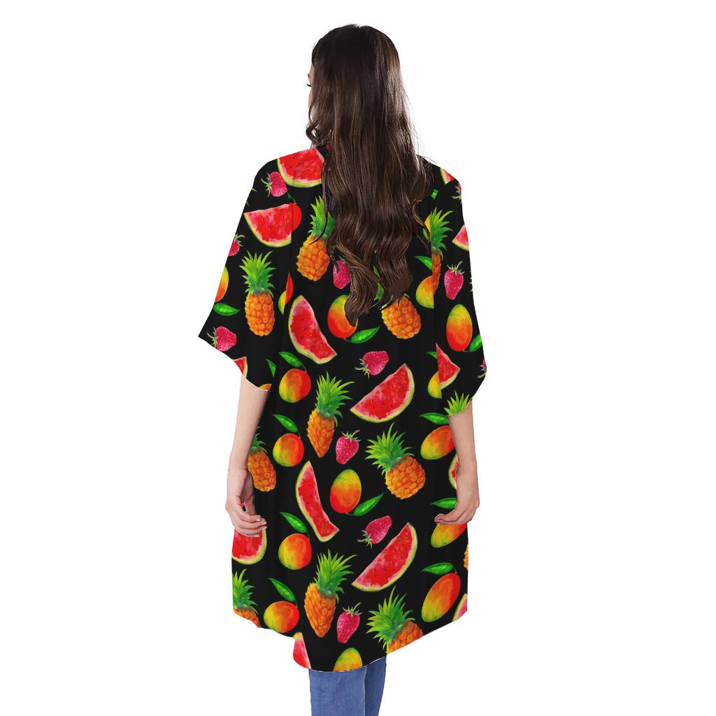 Mix Fruit Pineapple Pattern Print Open Front Beach Cover Up
