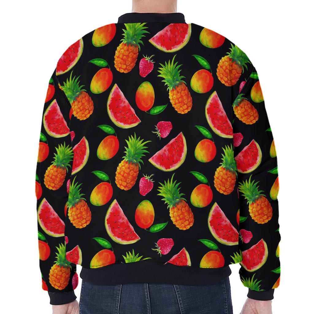 Mix Fruit Pineapple Pattern Print Zip Sleeve Bomber Jacket