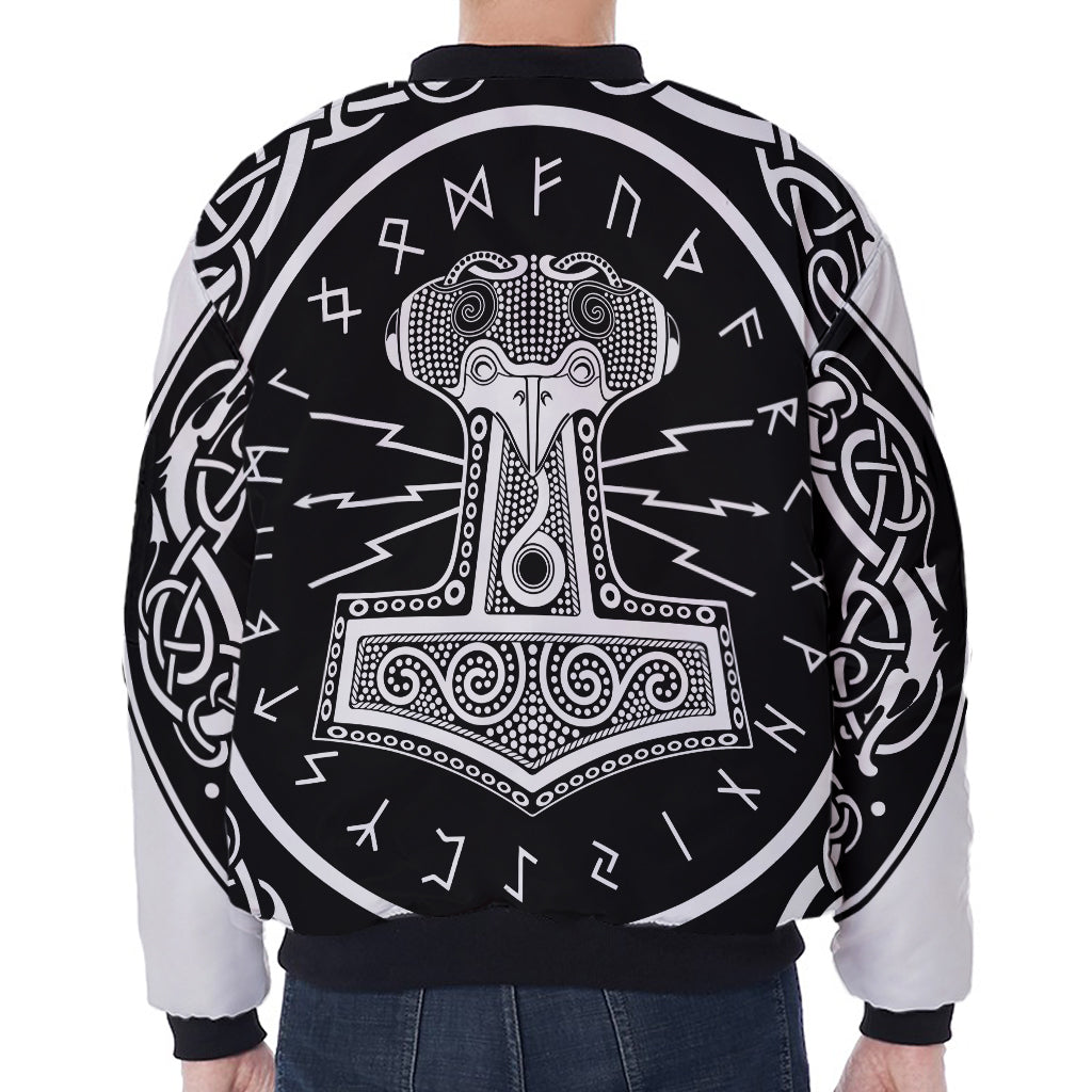 Mjolnir Norse Mythology Print Zip Sleeve Bomber Jacket
