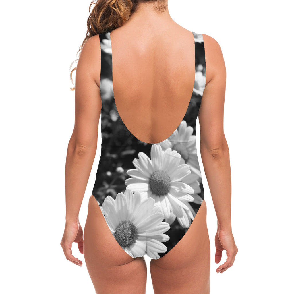 Monochrome Daisy Flower Print One Piece Swimsuit