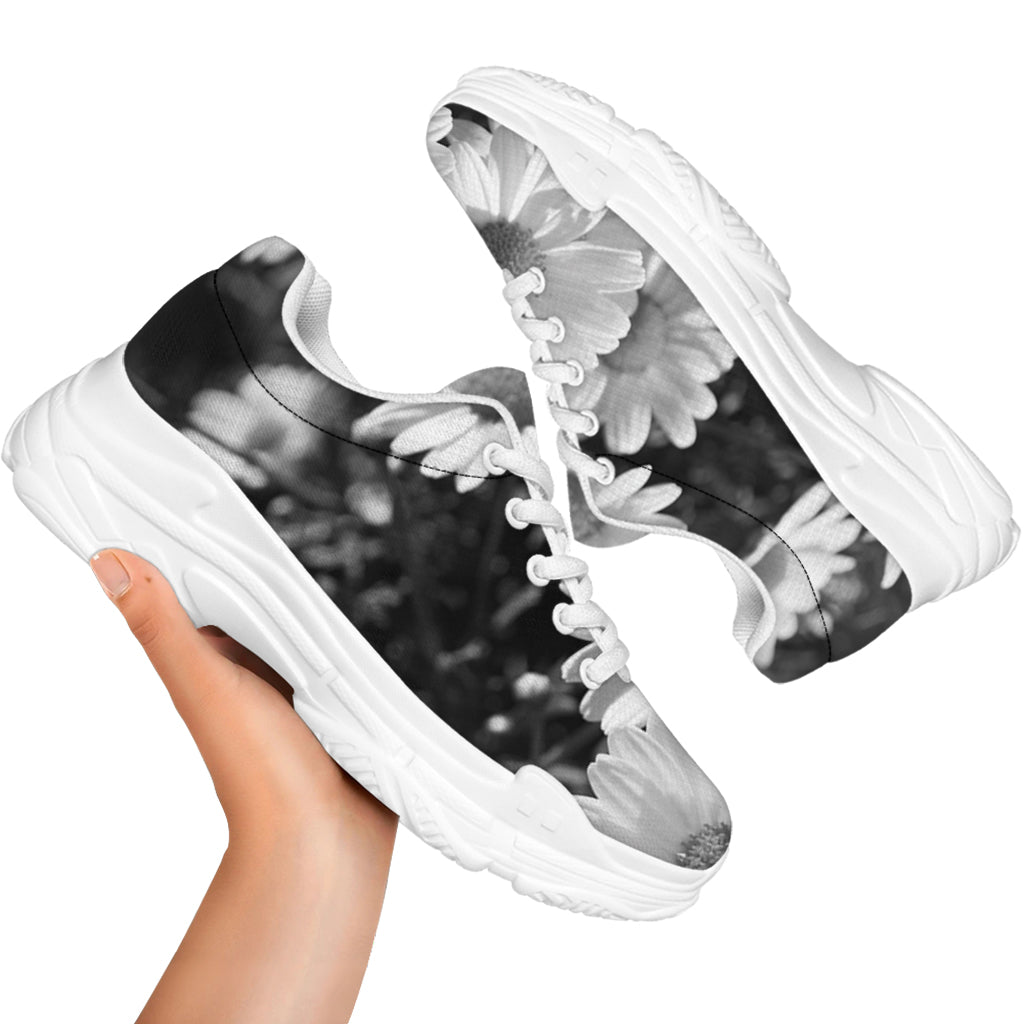 Monochrome Daisy Flower Print White Chunky Shoes