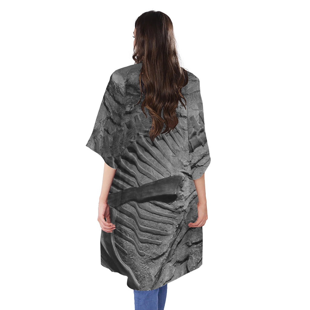 Monochrome Dinosaur Fossil Print Open Front Beach Cover Up