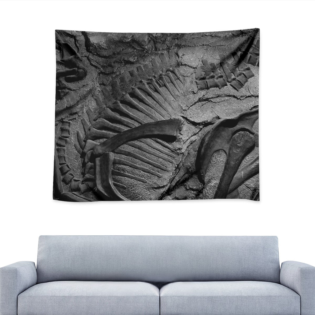 Monochrome Dinosaur Fossil Print Tapestry
